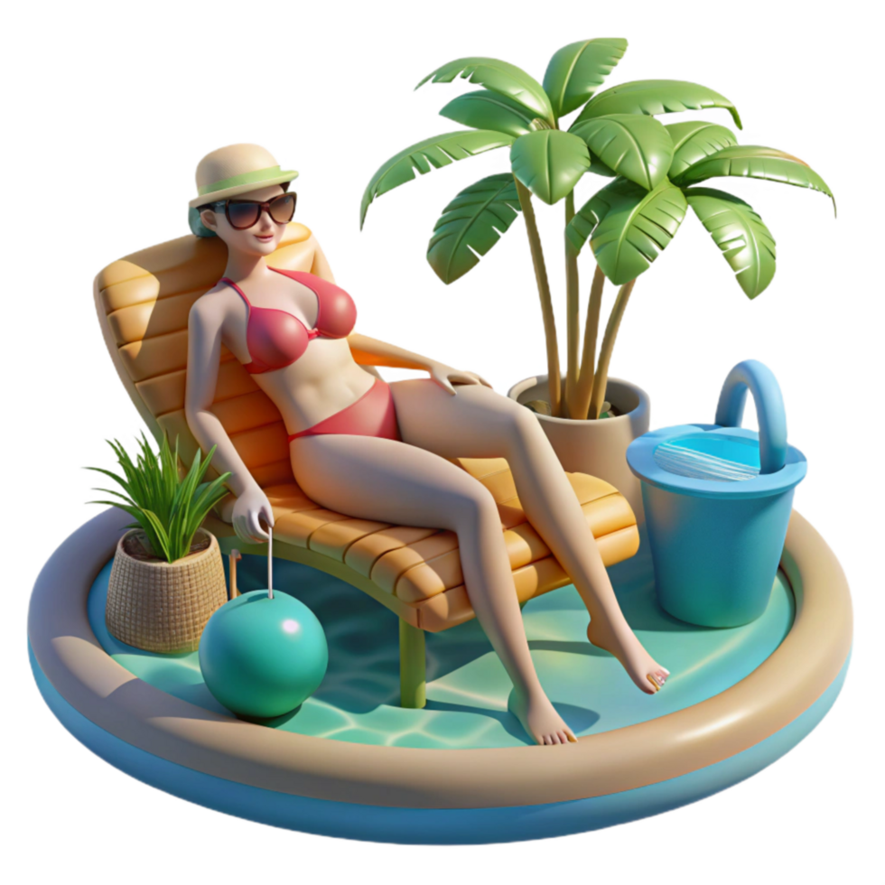 serene vintage Woman in Bikini Lounging by Pool Cutout exclusive png