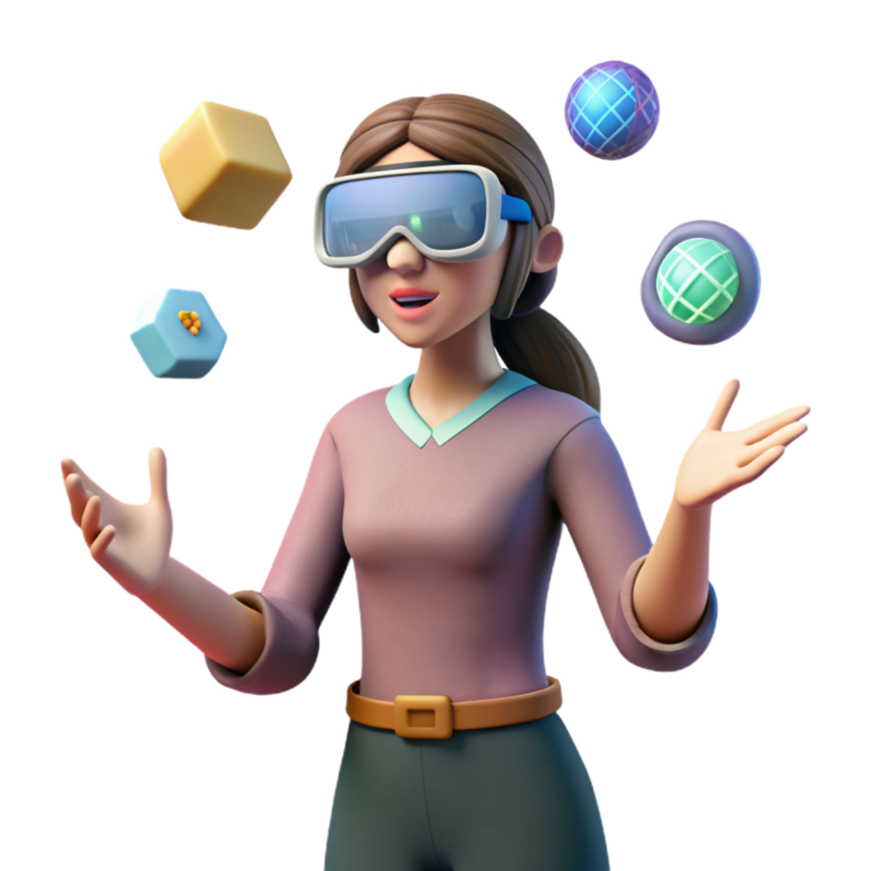 impressive rustic Woman Interacting with Virtual Objects Isolated Element premium png