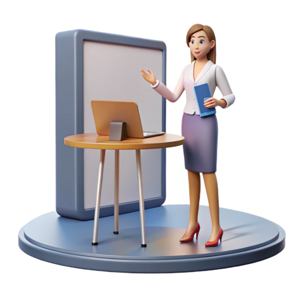 serene rustic Woman Presenting in Virtual Conference Room Isolated png