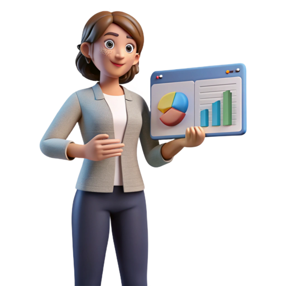 vibrant rustic Woman Presenting Online with Charts Cutout premium png