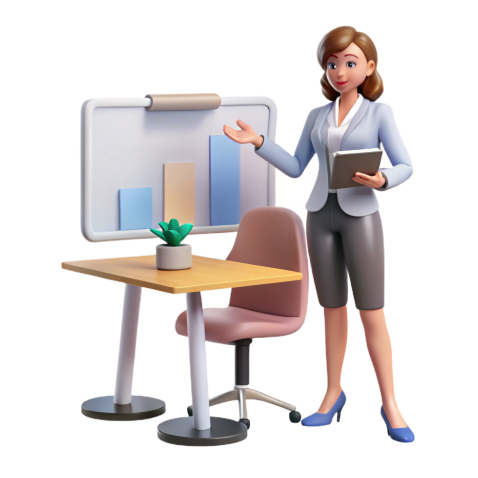elegant minimalist Woman Presenting in Virtual Conference Room Isolated authentic png