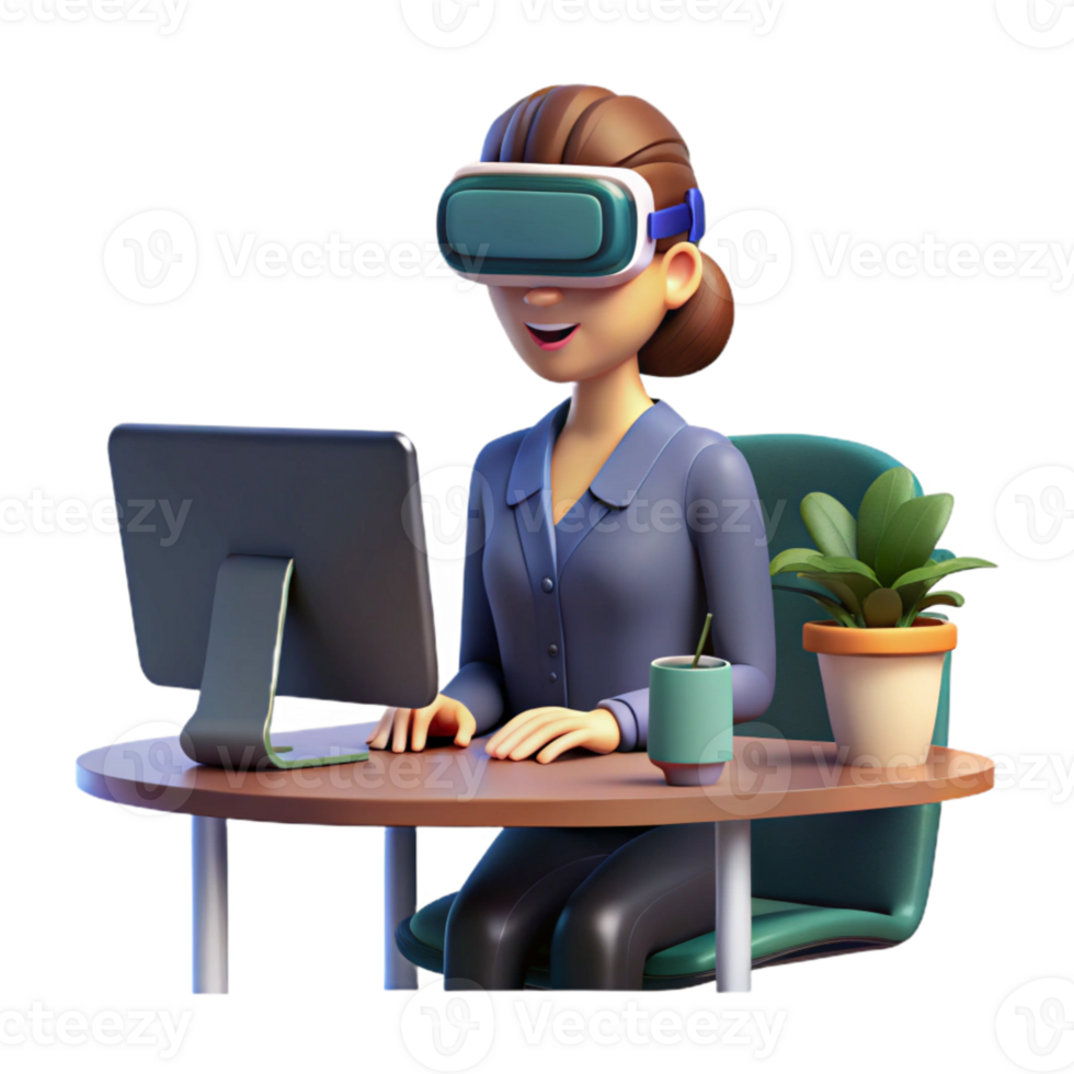 elegant artistic Woman Using Vr Headset in Office Environment Isolated Element premium png