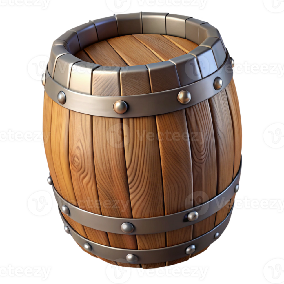 serene minimalist Wooden Barrel Transparent Background with Metal Bands detailed png