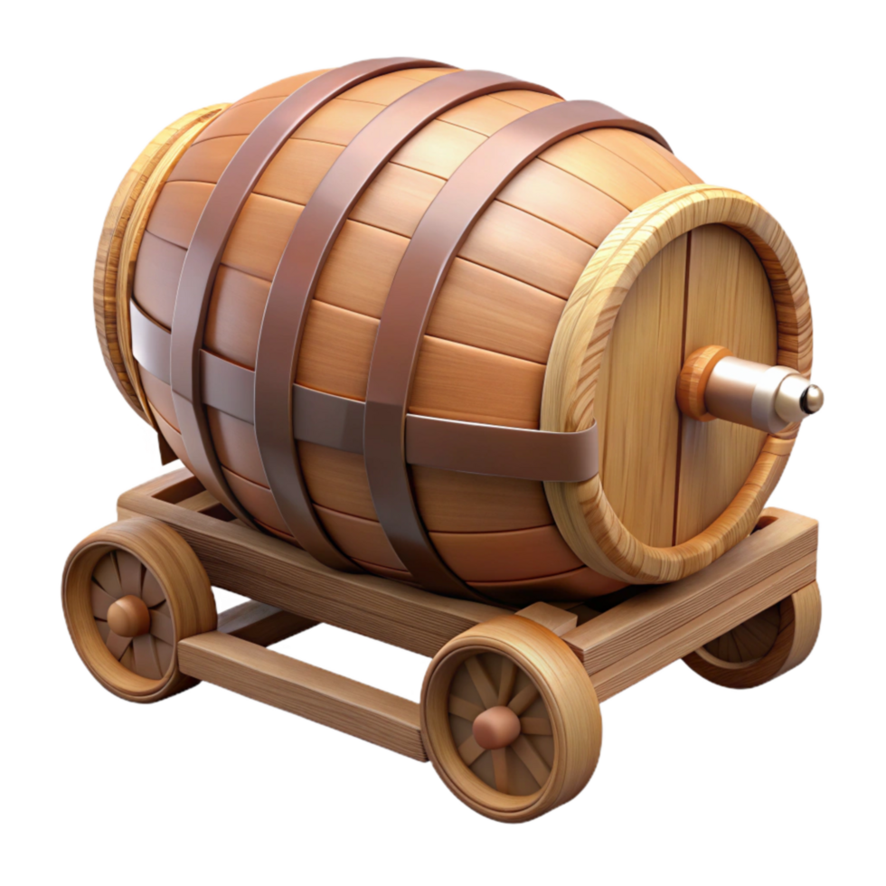 vibrant rustic Wooden Beer Barrel on Dolly Transparent Background original png