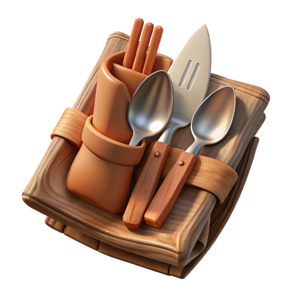serene traditional Wooden Cutlery Set with Cloth Napkin Isolated premium png
