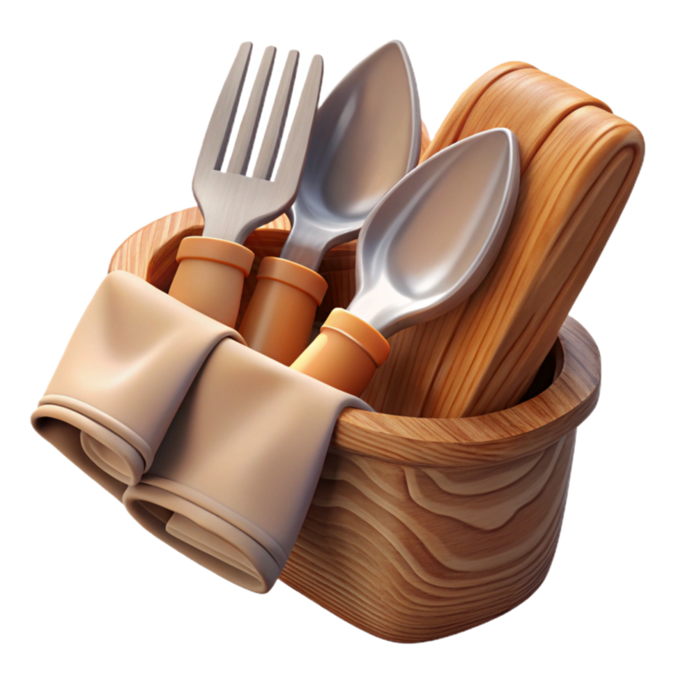 vibrant creative Wooden Cutlery Set with Cloth Napkin Isolated png