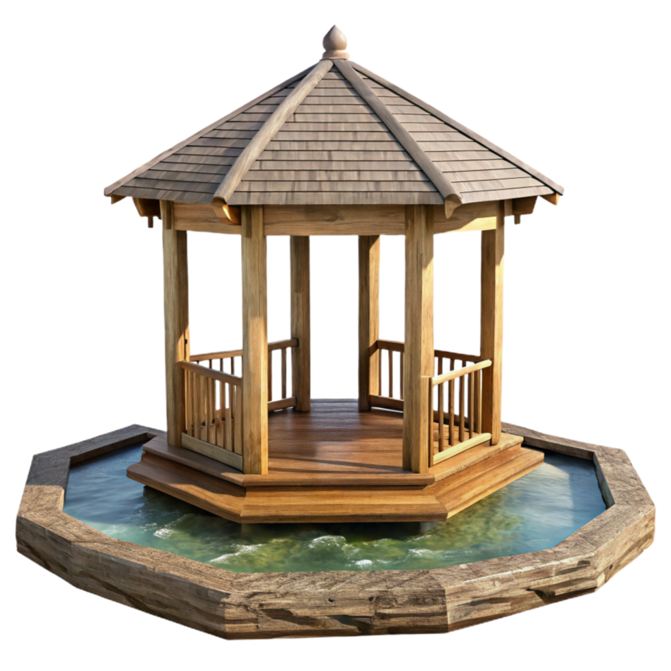 vibrant rustic Wooden Gazebo by Lake Transparent detailed png