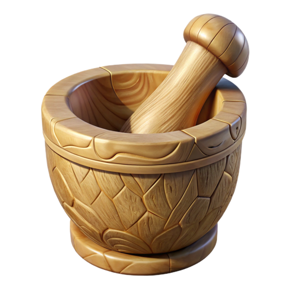 impressive vintage Wooden Mortar and Pestle Carved Design Transparent Background high quality png