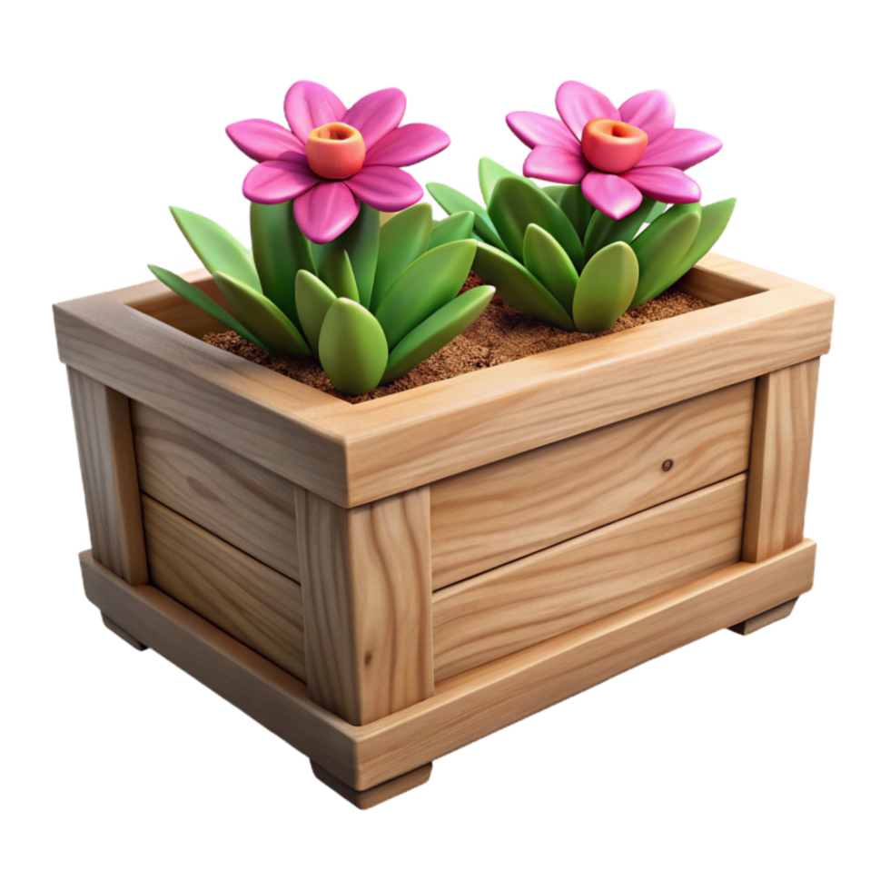 magnificent artistic Wooden Planter Box with Flowers Isolated high resolution png