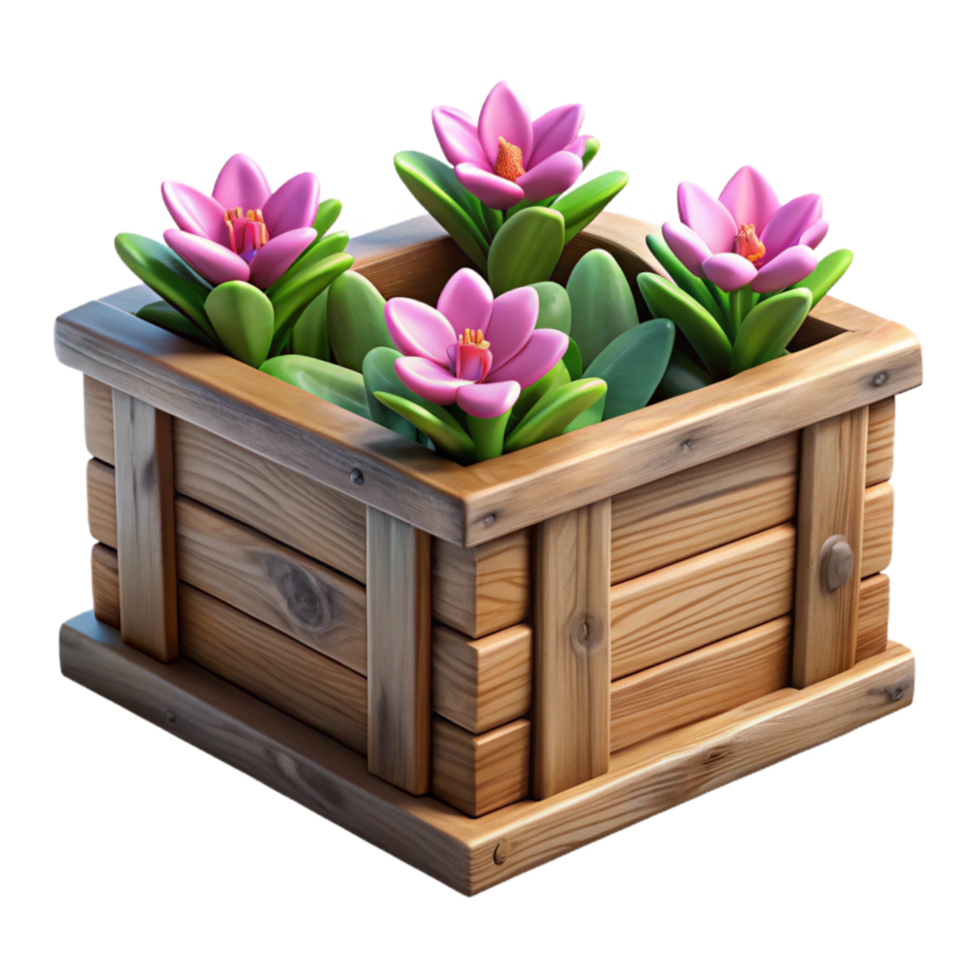 impressive contemporary Wooden Planter Box with Flowers Isolated premium png