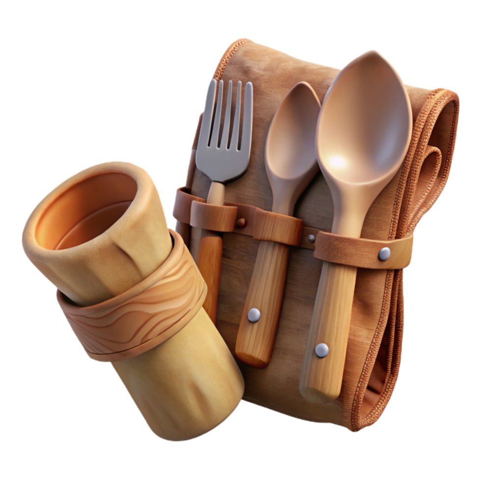 elegant vintage Wooden Utensil Set with Cloth Pouch Cutout exclusive png