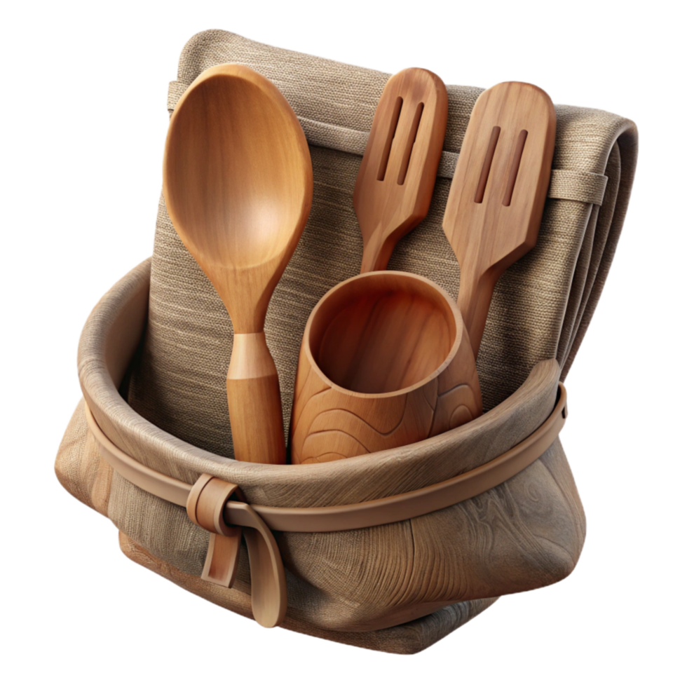 impressive classic Wooden Utensil Set with Cloth Pouch Cutout high quality png