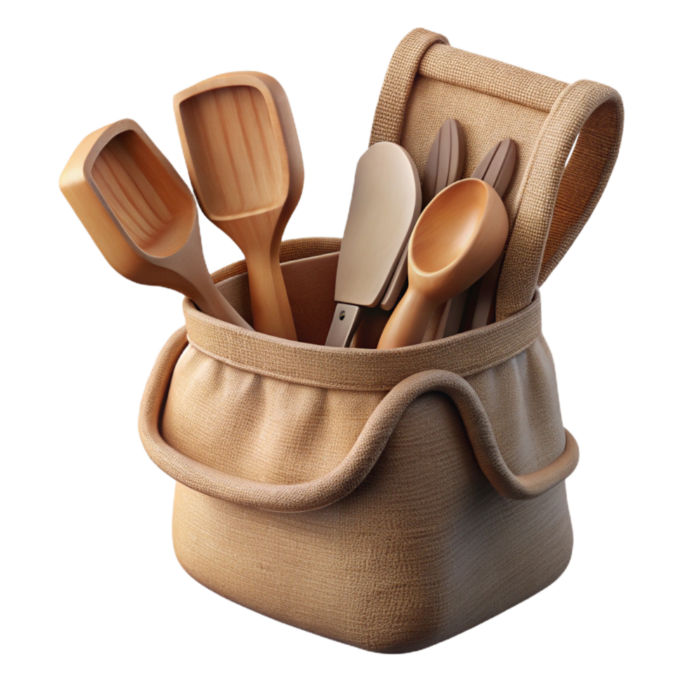 vibrant rustic Wooden Utensil Set with Cloth Pouch Cutout detailed png