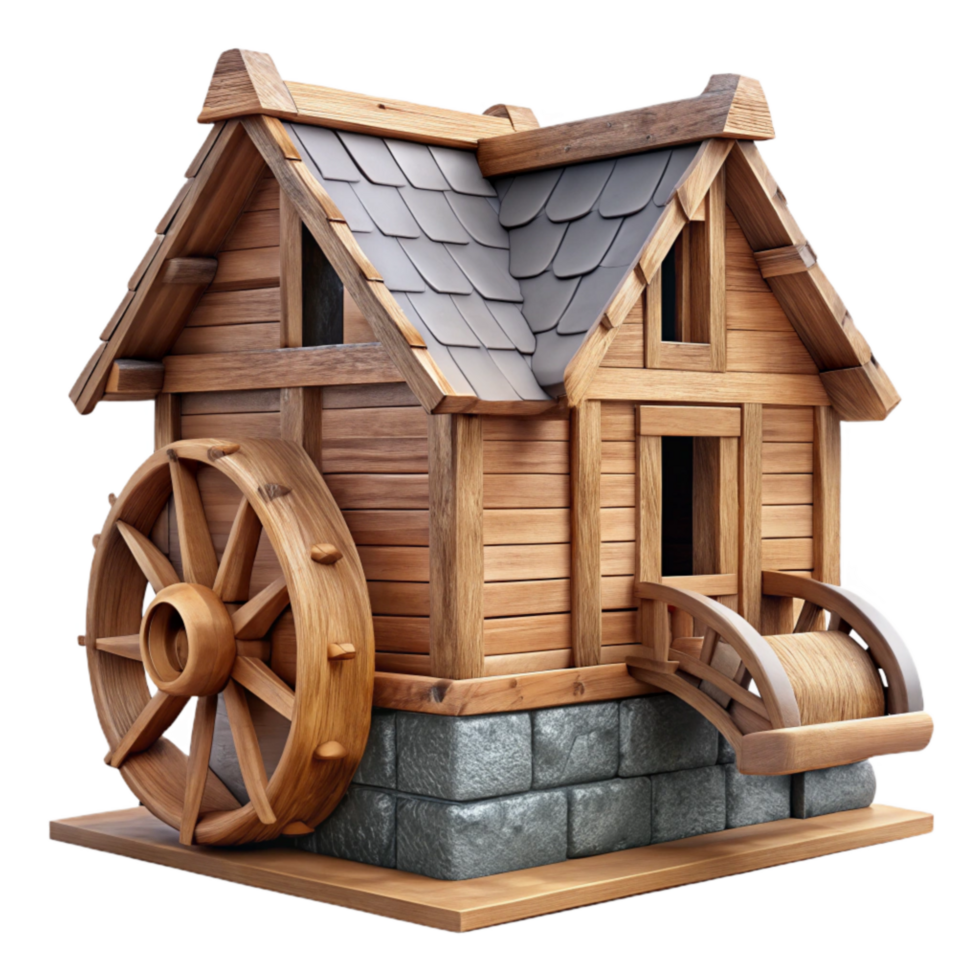 vibrant modern Wooden Watermill Side View Isolated original png