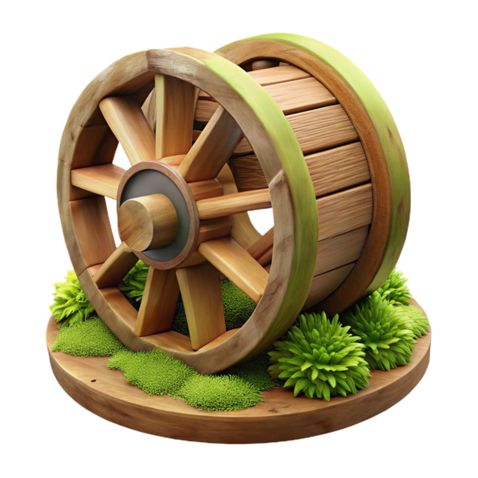 dramatic traditional Wooden Water Wheel with Moss Cutout on Transparent Background premium png