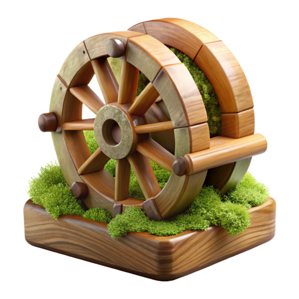 dramatic rustic Wooden Water Wheel with Moss Cutout on Transparent Background professional png
