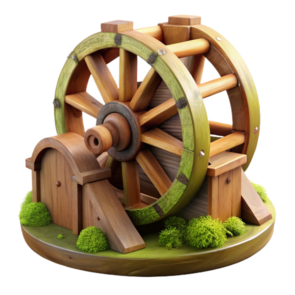 stunning contemporary Wooden Water Wheel with Moss Cutout on Transparent Background authentic png