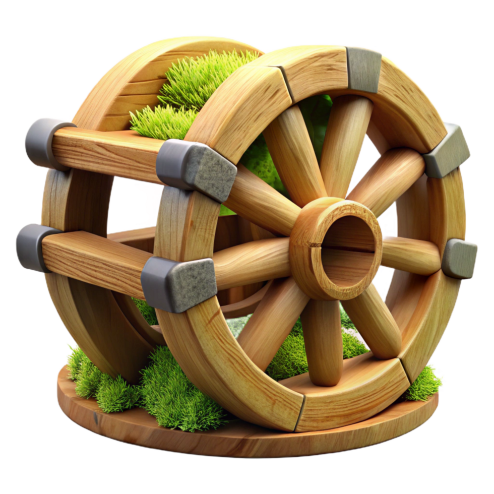 impressive rustic Wooden Water Wheel with Moss Cutout on Transparent Background original png