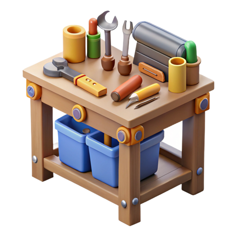 dramatic creative Work Bench with Tools Top View Isolated authentic png
