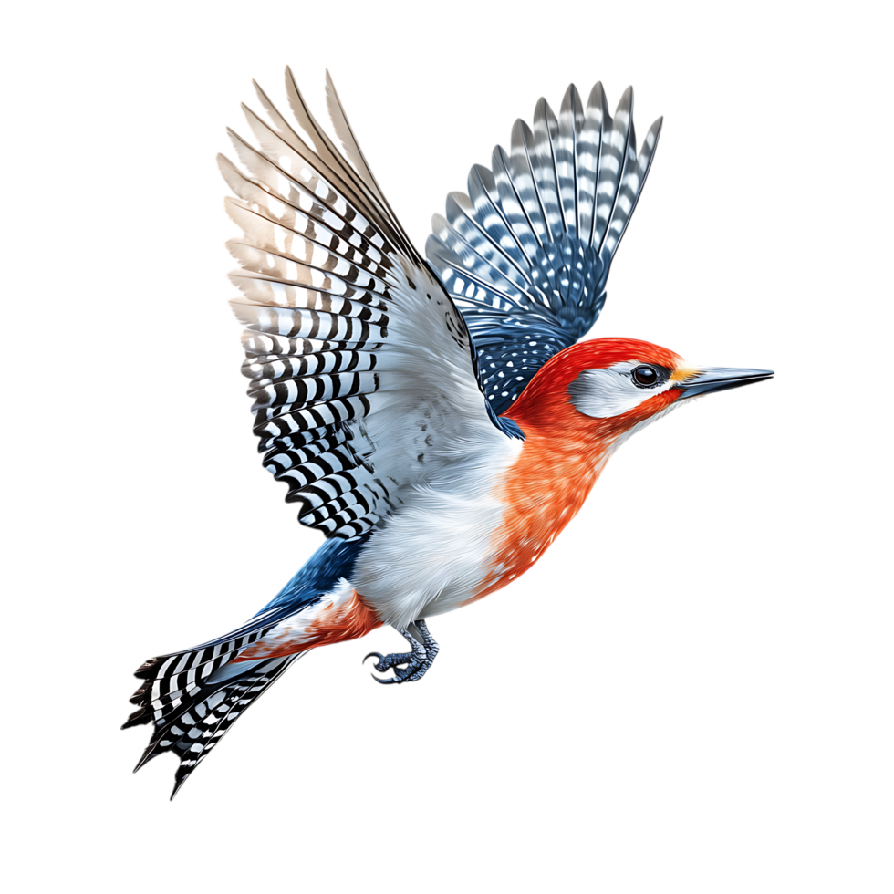 Red-headed woodpecker in flight transparent background png