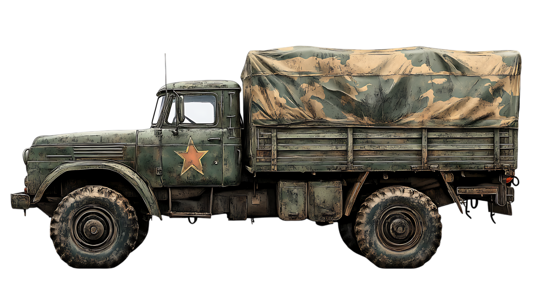 Military truck with camo tarp png