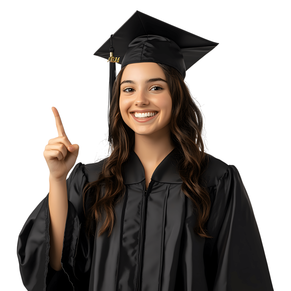 Graduate smiles points up png