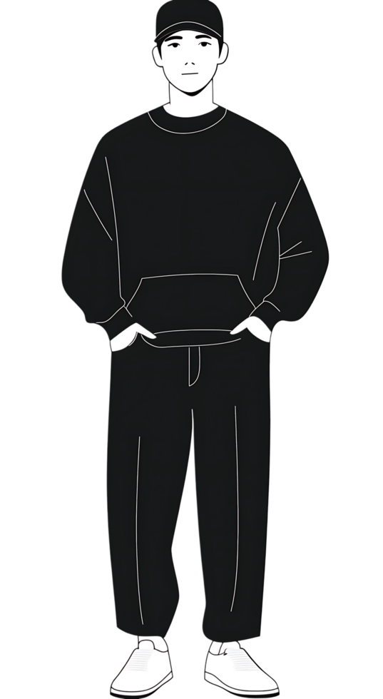Stylish monochrome illustration of a person in all black attire. png