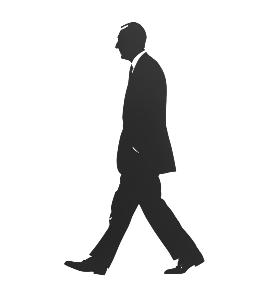 Side profile of a man in a suit walking. png