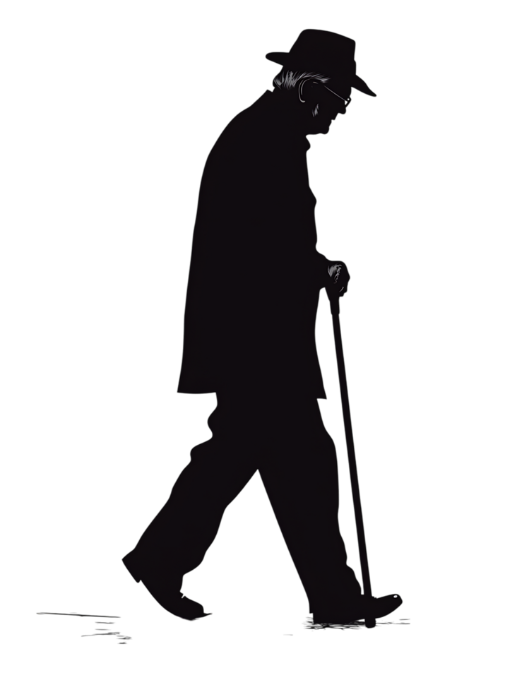 Solitary figure, aging, walking stick, night, mystery png