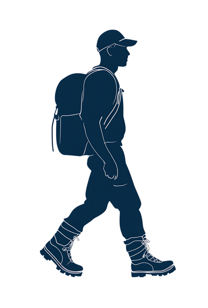 Silhouette of a hiker walking, representing travel and adventure. png