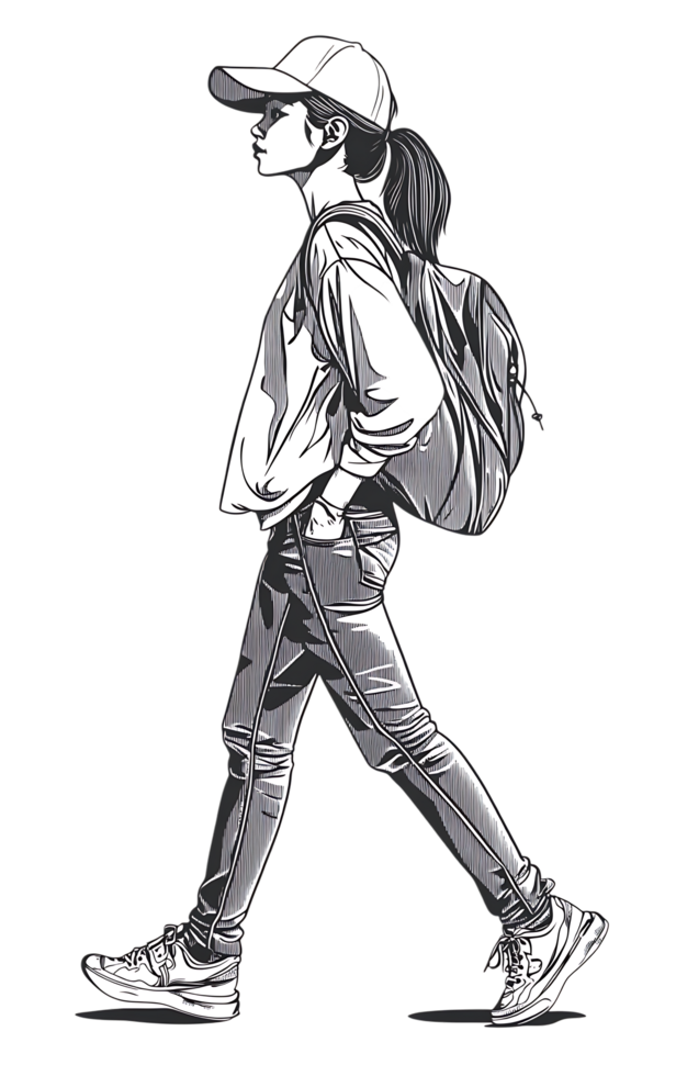 Stylish girl walking, grayscale art. png