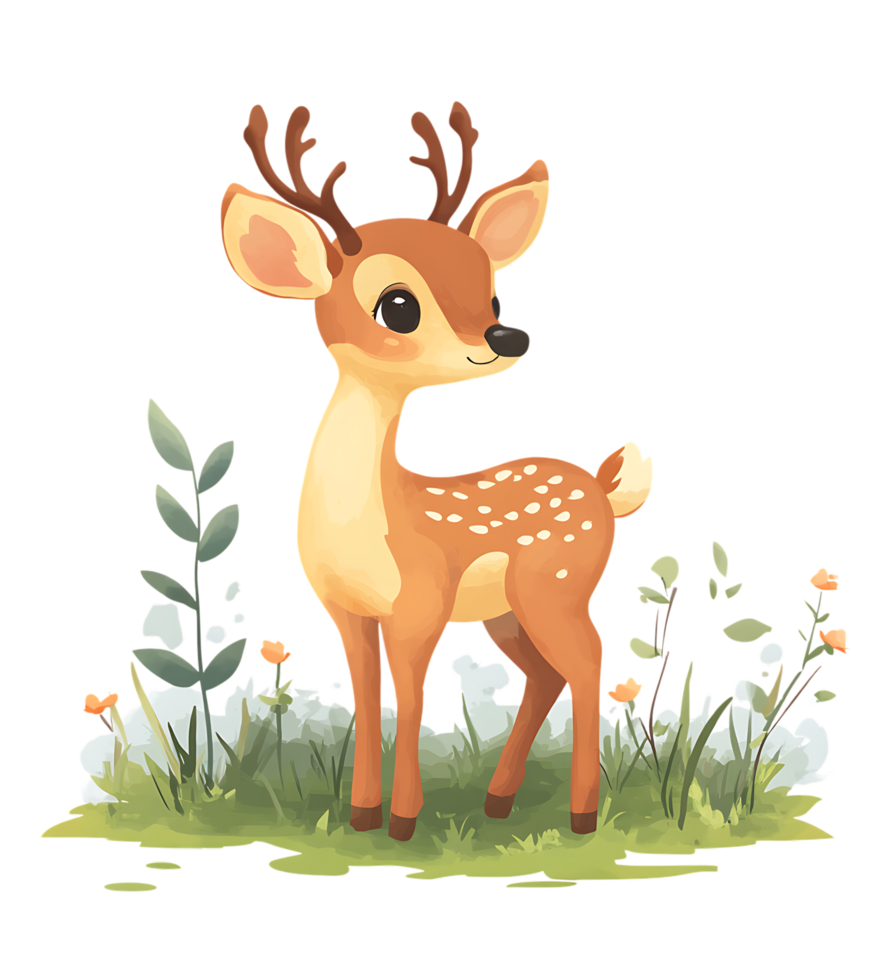 Adorable fawn in a field of flowers. png