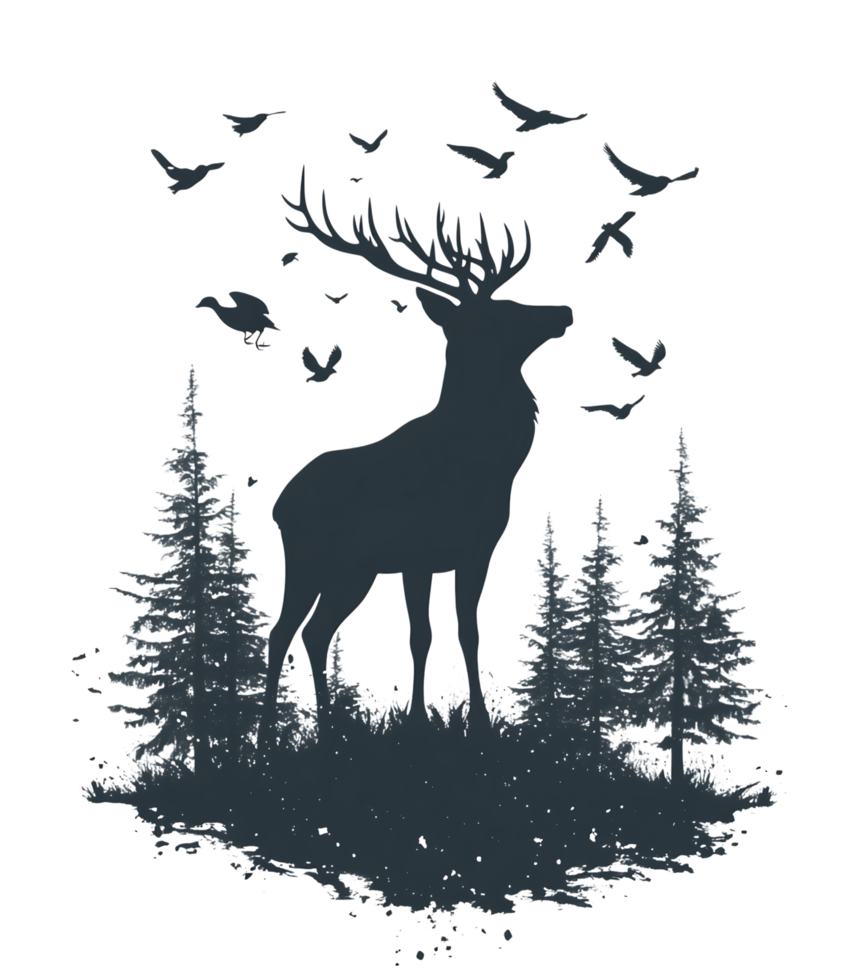 Silhouette of deer with birds in forest png