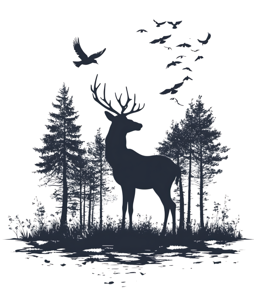 Silhouette of deer in forest with birds png