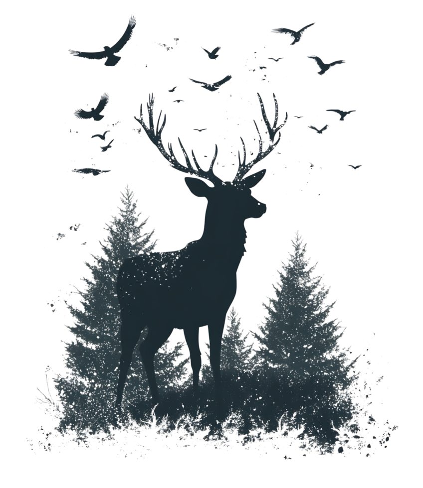 Silhouette of deer in snowy forest with birds png