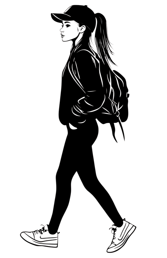 Stylish girl walking, line art illustration png