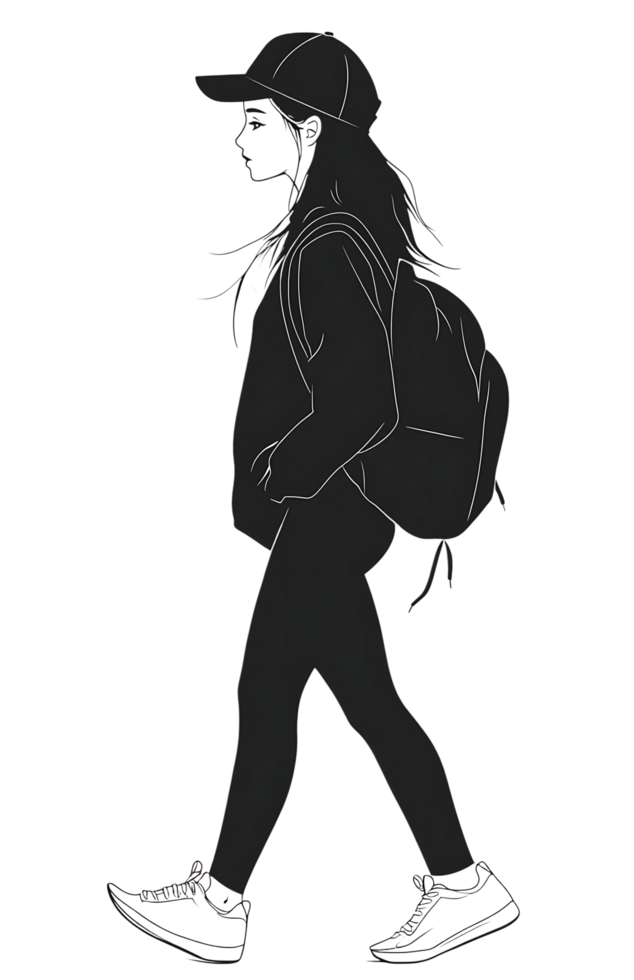 Walking girl with backpack, line art style png