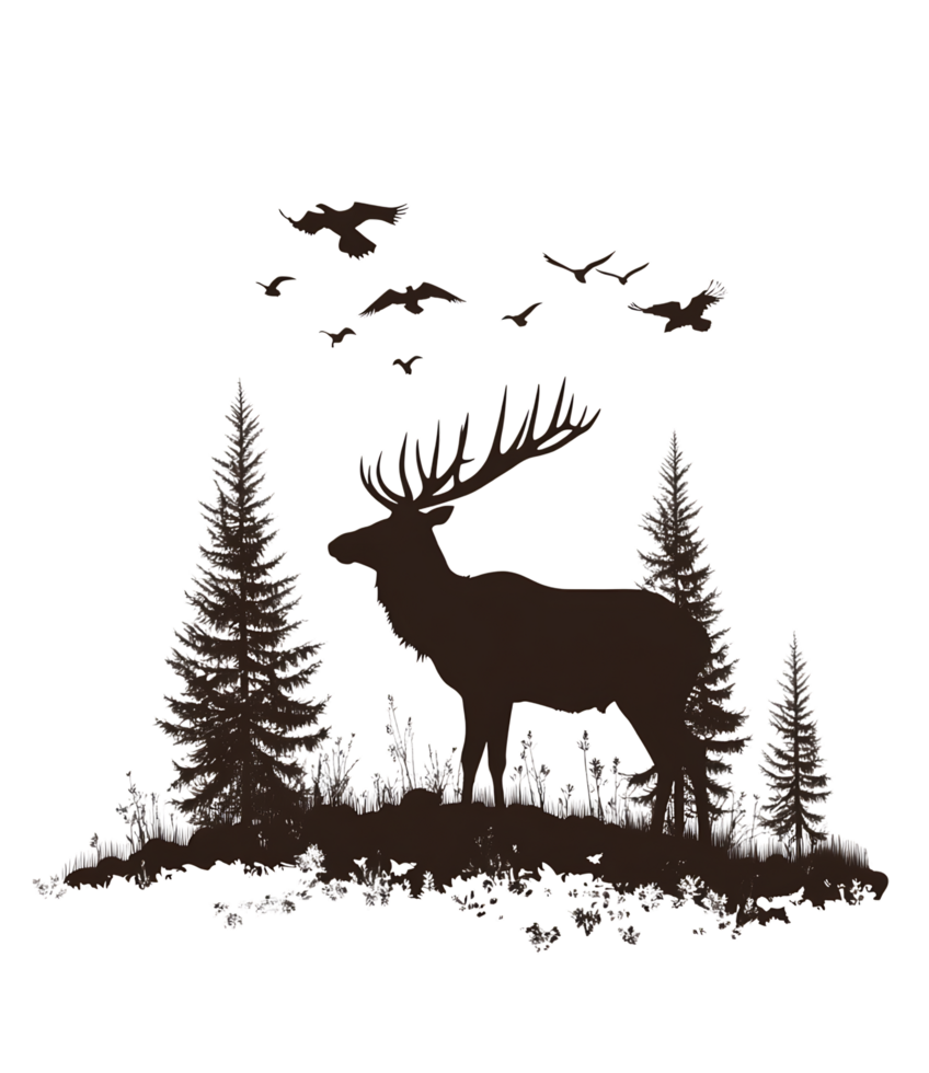 Silhouette of deer in snowy forest with birds transparent background png