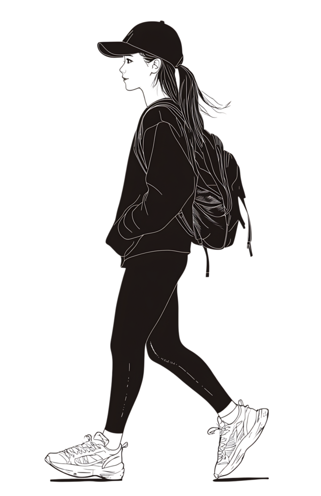 Stylish girl walking, line art illustration. png
