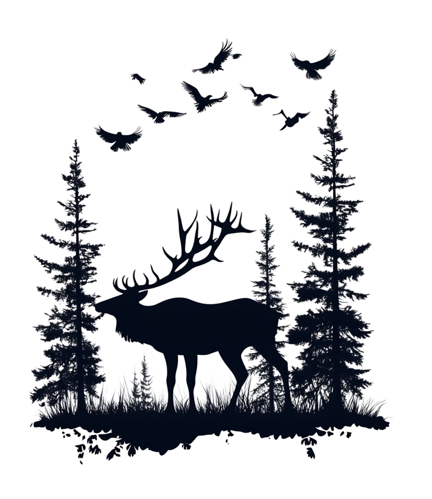 Silhouette of elk in forest with birds png