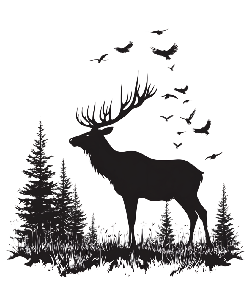 Silhouette of elk in forest with birds transparent background png
