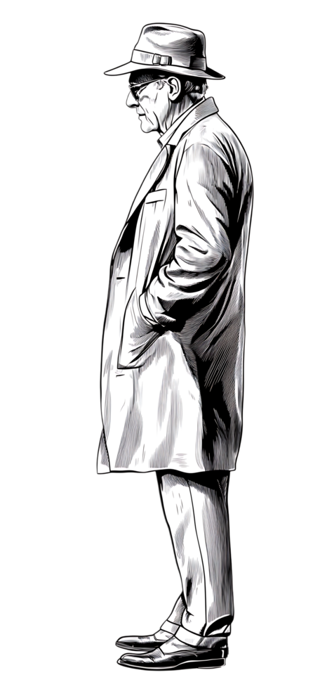 Stylish man in fedora, trench coat, profile view. png