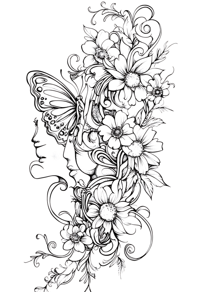 Intricate grayscale floral and butterfly artwork. png