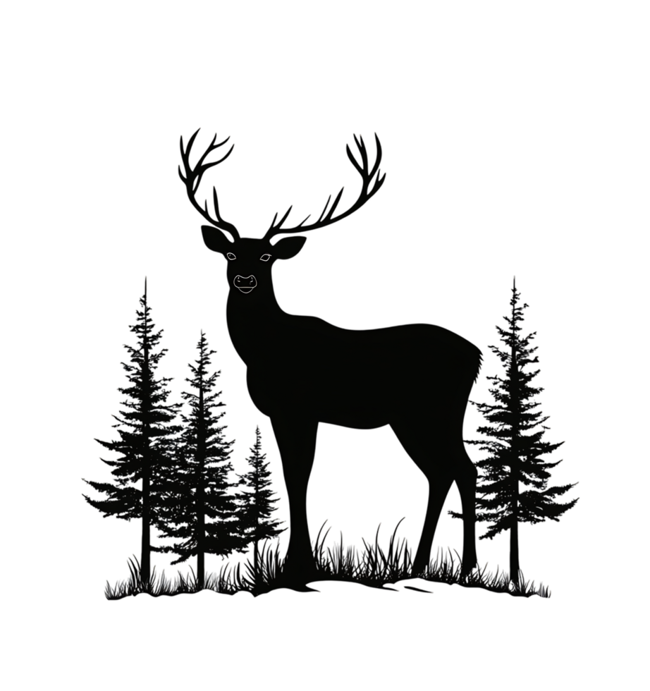 Dark silhouette of a deer in a pine forest. png