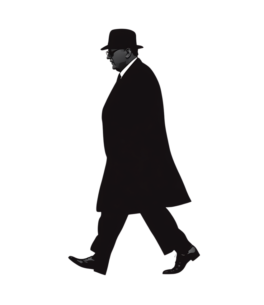 Silhouette of a man in a hat and coat walking at night. png