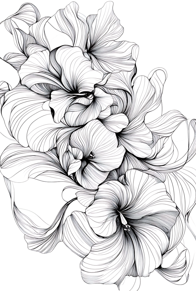Elegant black and white line drawing of flowers. png