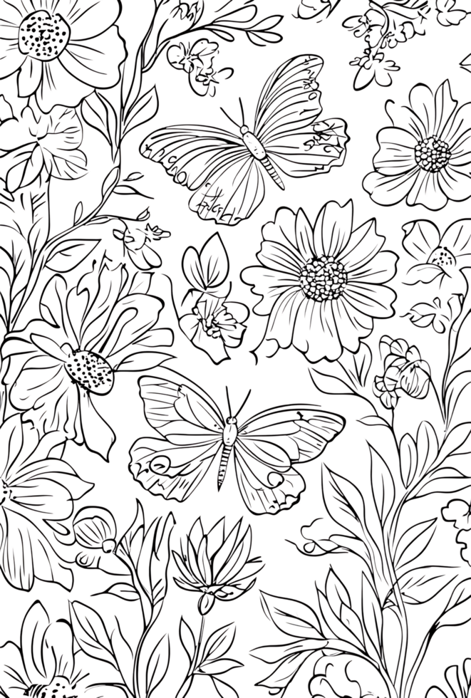 Monochrome butterfly and flower pattern png