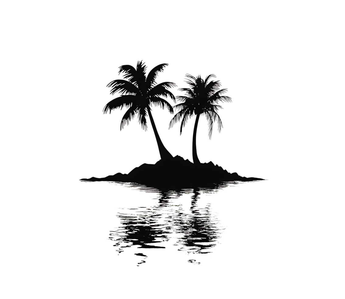 Silhouette of tropical island with palm trees reflecting in water. png