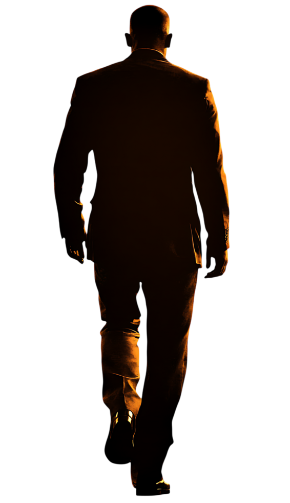 Silhouette of a man in a suit walking away in the dark. png