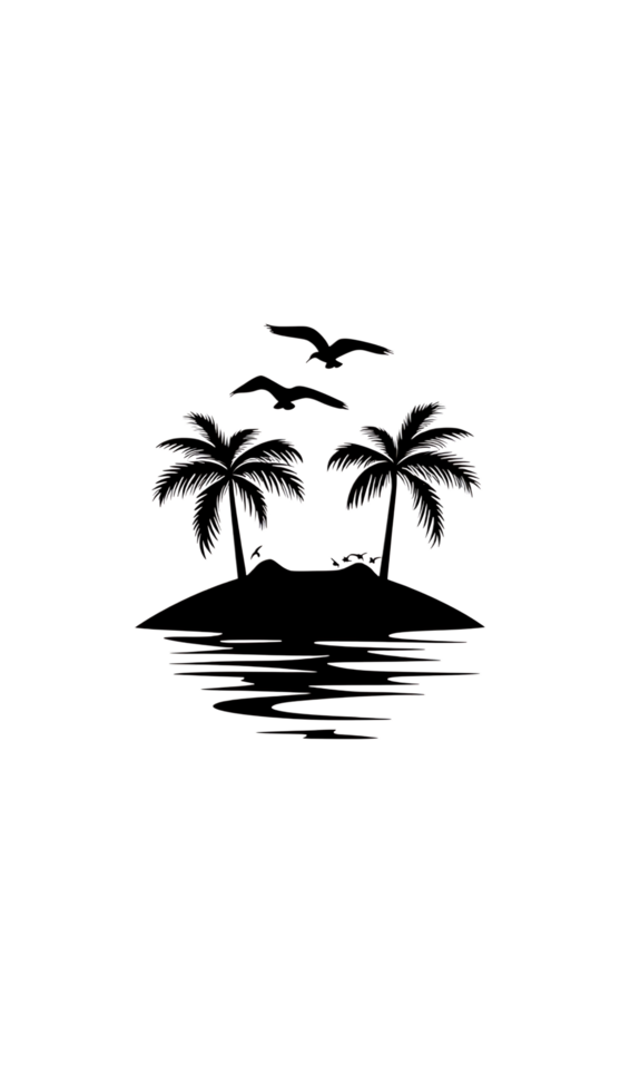 Tropical island silhouette with palm trees and birds. png